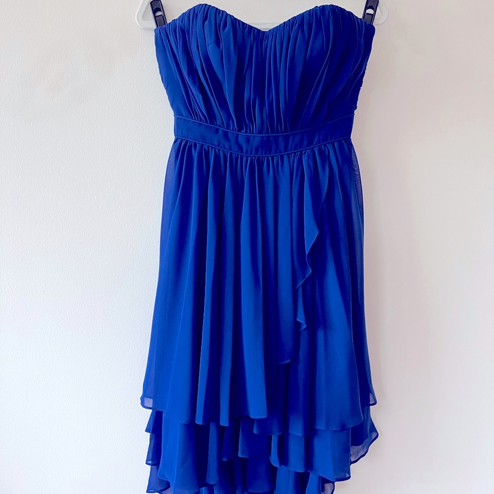 Bebe Strapless Royal Blue High Low Ruffled Dress